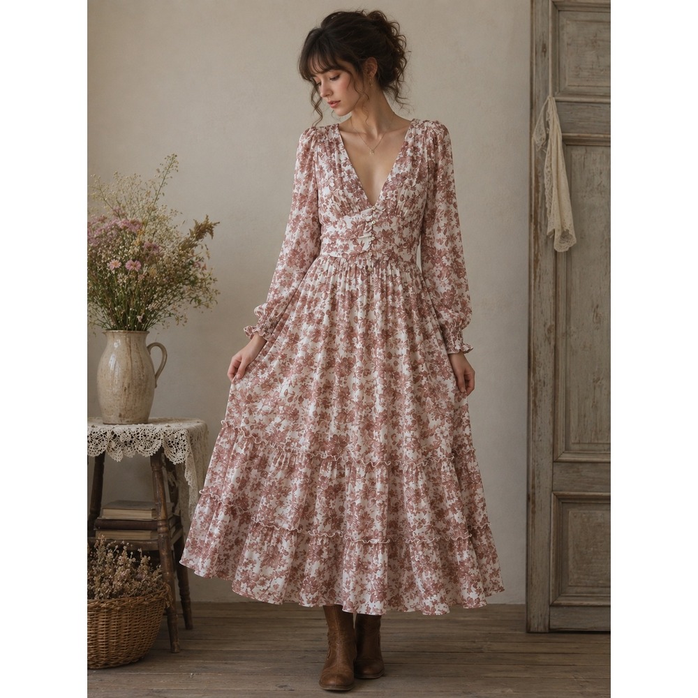 Altar'd State Floral Maxi Dress Brown Cream V-Neck Tiered Womens S